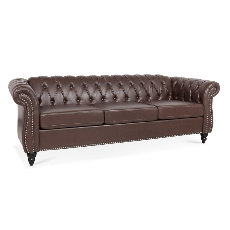 84.65" Dark Brown PU Rolled Arm Chesterfield Three Seater Sofa. - Urban Living Furniture (Los Angeles, CA)