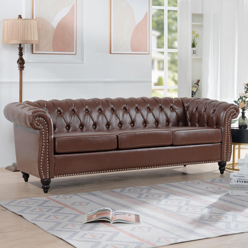 84.65" Dark Brown PU Rolled Arm Chesterfield Three Seater Sofa. - Urban Living Furniture (Los Angeles, CA)