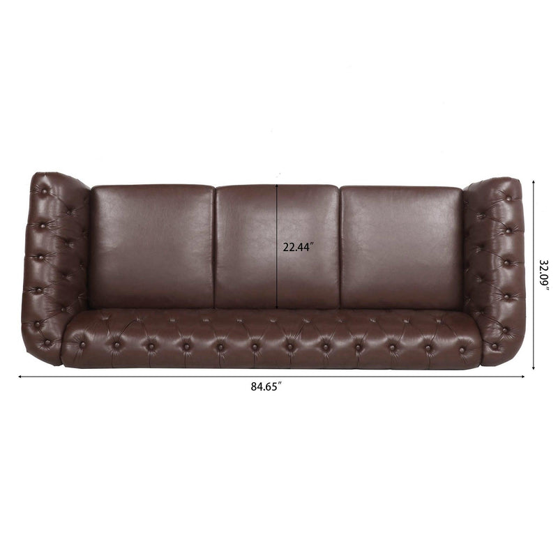 84.65" Dark Brown PU Rolled Arm Chesterfield Three Seater Sofa. - Urban Living Furniture (Los Angeles, CA)