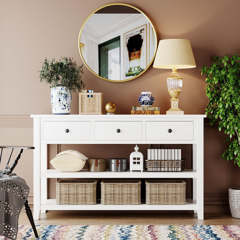 Retro Design Console Table with Two Open Shelves, Pine Solid Wood Frame and Legs for Living Room (Antique White) - Urban Living Furniture (Los Angeles, CA)