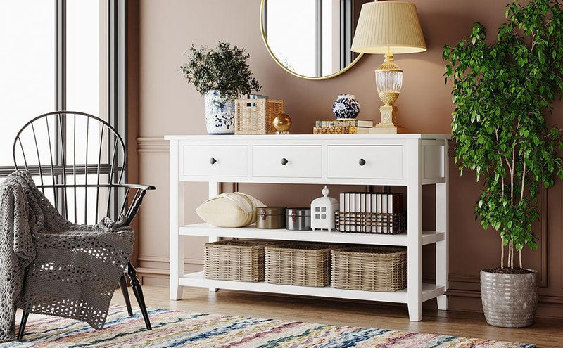 Retro Design Console Table with Two Open Shelves, Pine Solid Wood Frame and Legs for Living Room (Antique White) - Urban Living Furniture (Los Angeles, CA)