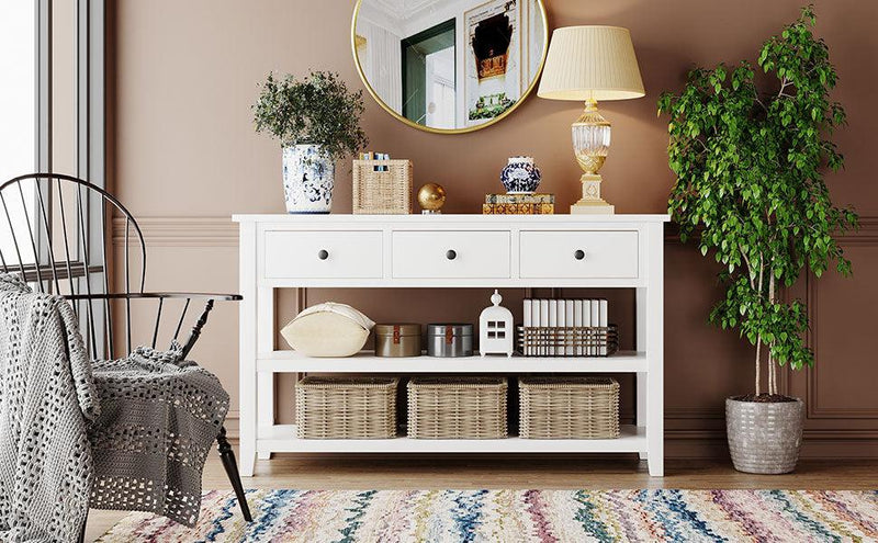 Retro Design Console Table with Two Open Shelves, Pine Solid Wood Frame and Legs for Living Room (Antique White) - Urban Living Furniture (Los Angeles, CA)