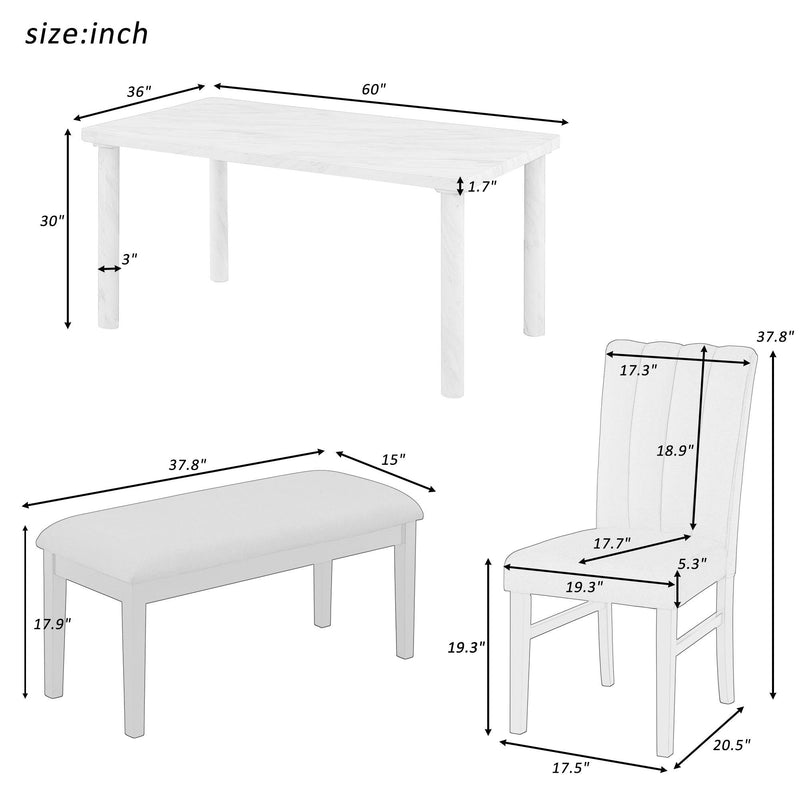 6-Piece Dining Table Set with Marble Veneer Table and 4 Flannelette Upholstered Dining Chairs & Bench (White+Blue)