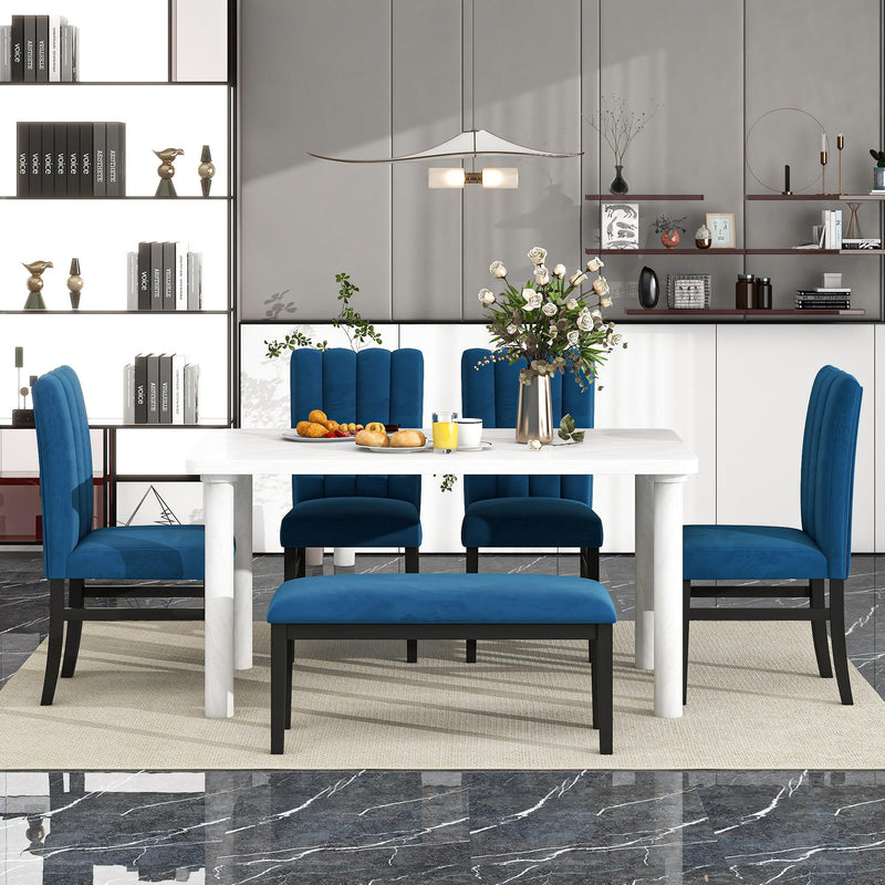 6-Piece Dining Table Set with Marble Veneer Table and 4 Flannelette Upholstered Dining Chairs & Bench (White+Blue) - Urban Living Furniture (Los Angeles, CA)