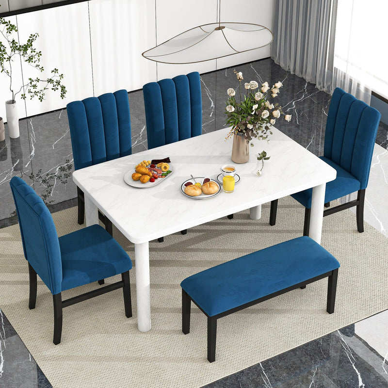 6-Piece Dining Table Set with Marble Veneer Table and 4 Flannelette Upholstered Dining Chairs & Bench (White+Blue)