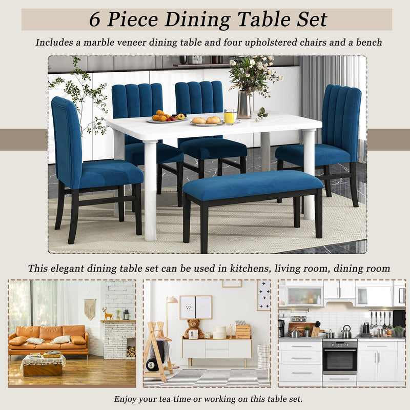 6-Piece Dining Table Set with Marble Veneer Table and 4 Flannelette Upholstered Dining Chairs & Bench (White+Blue)