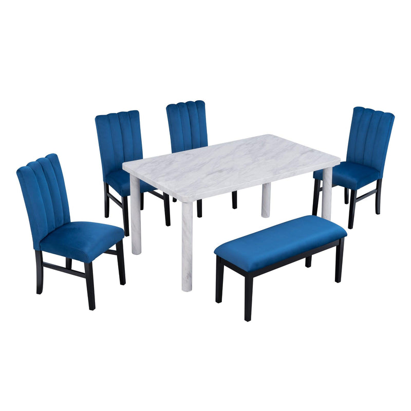 6-Piece Dining Table Set with Marble Veneer Table and 4 Flannelette Upholstered Dining Chairs & Bench (White+Blue) - Urban Living Furniture (Los Angeles, CA)