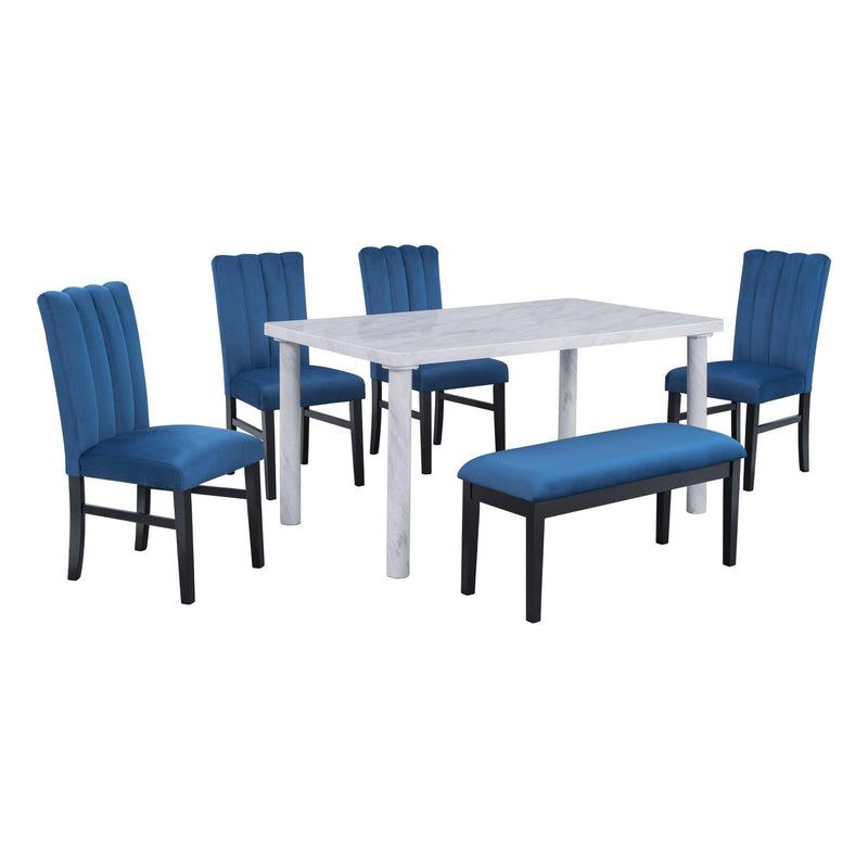 6-Piece Dining Table Set with Marble Veneer Table and 4 Flannelette Upholstered Dining Chairs & Bench (White+Blue) - Urban Living Furniture (Los Angeles, CA)