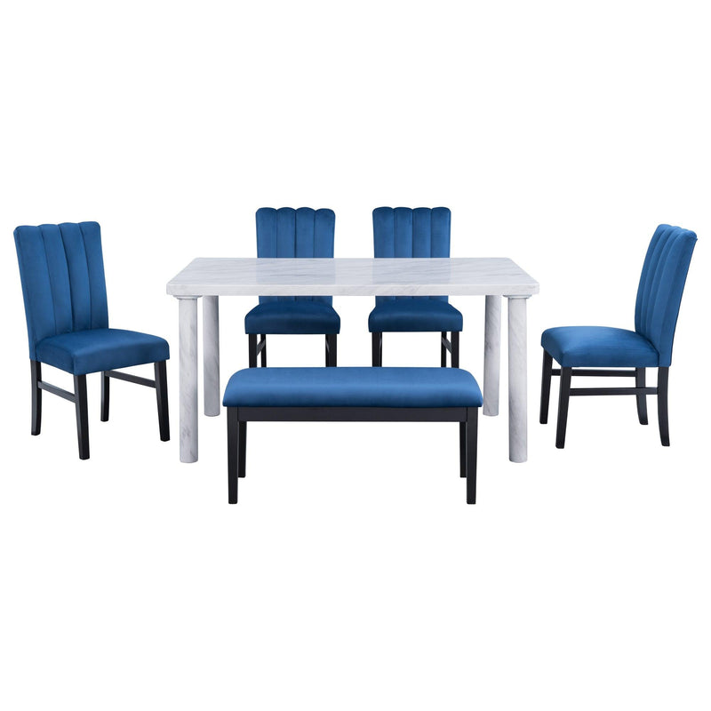 6-Piece Dining Table Set with Marble Veneer Table and 4 Flannelette Upholstered Dining Chairs & Bench (White+Blue) - Urban Living Furniture (Los Angeles, CA)