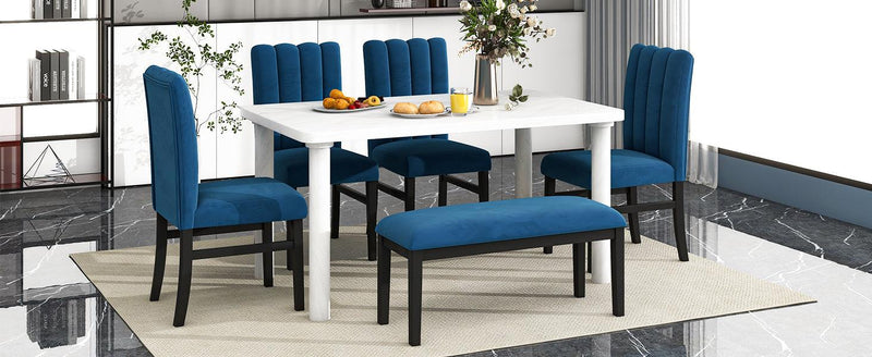 6-Piece Dining Table Set with Marble Veneer Table and 4 Flannelette Upholstered Dining Chairs & Bench (White+Blue) - Urban Living Furniture (Los Angeles, CA)