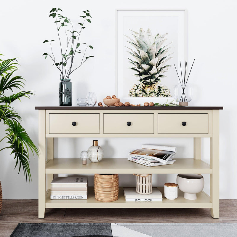 Retro Design Console Table with Two Open Shelves, Pine Solid Wood Frame and Legs for Living Room (Espresso+Beige) - Urban Living Furniture (Los Angeles, CA)