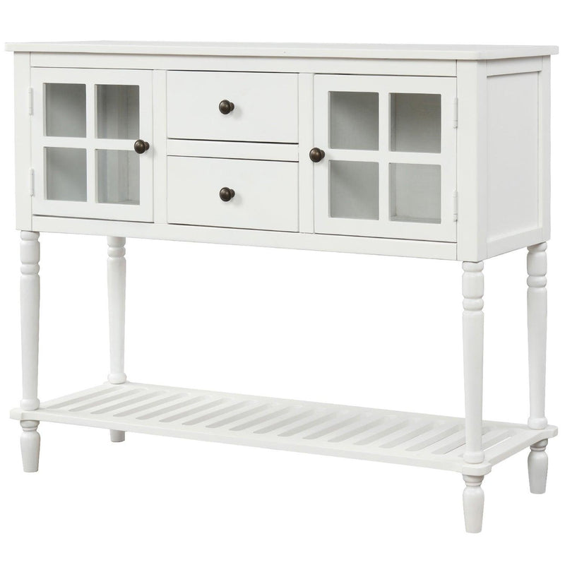 Sideboard Console Table with Bottom Shelf, Farmhouse Wood/Glass BuffetStorage Cabinet Living Room (White)