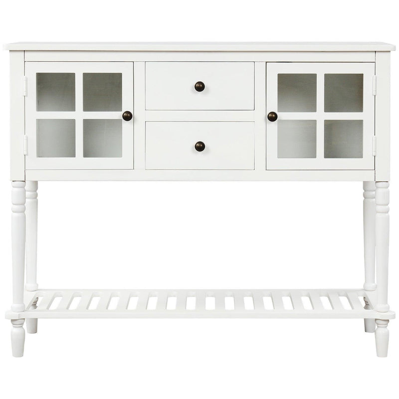 Sideboard Console Table with Bottom Shelf, Farmhouse Wood/Glass BuffetStorage Cabinet Living Room (White)