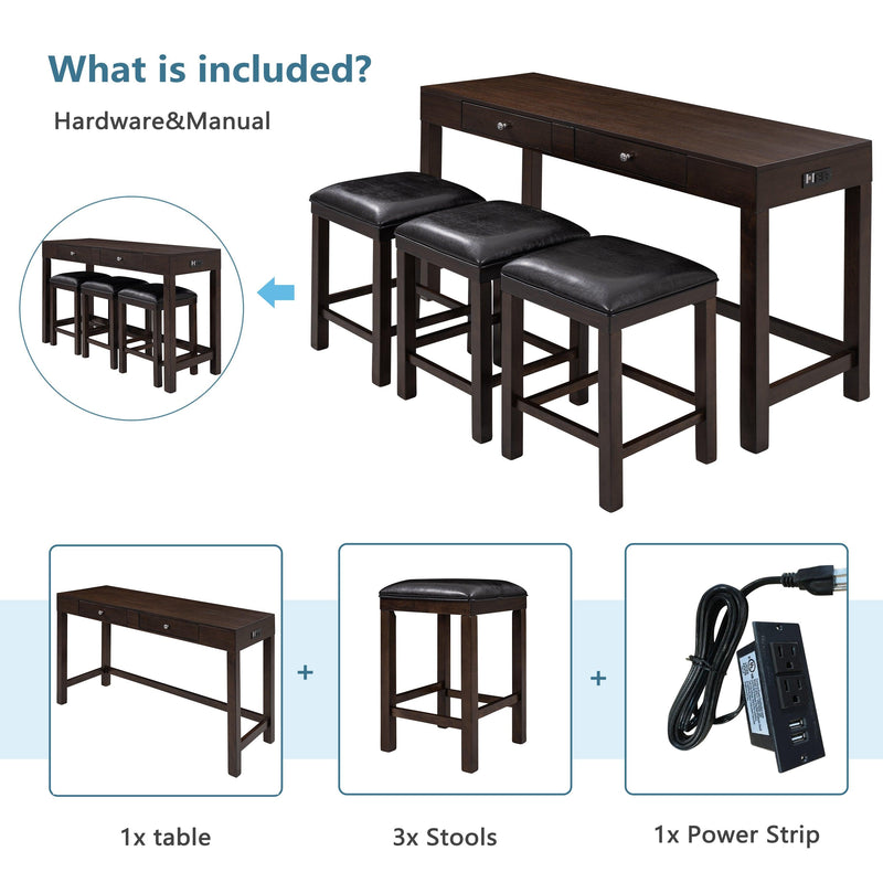 4-Piece Counter Height Table Set with Socket and Leather Padded Stools, Espresso - Urban Living Furniture (Los Angeles, CA)