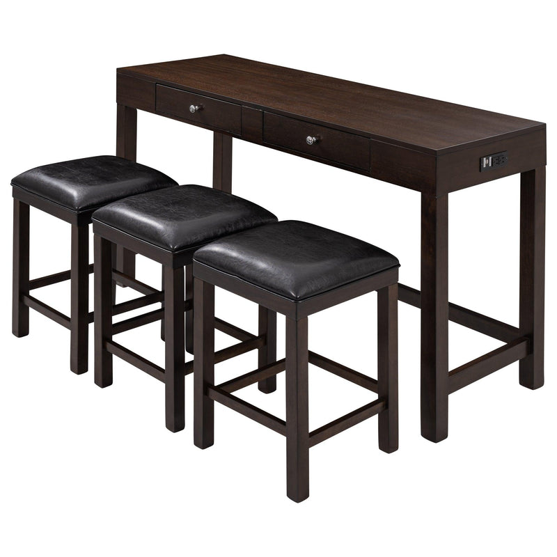 4-Piece Counter Height Table Set with Socket and Leather Padded Stools, Espresso