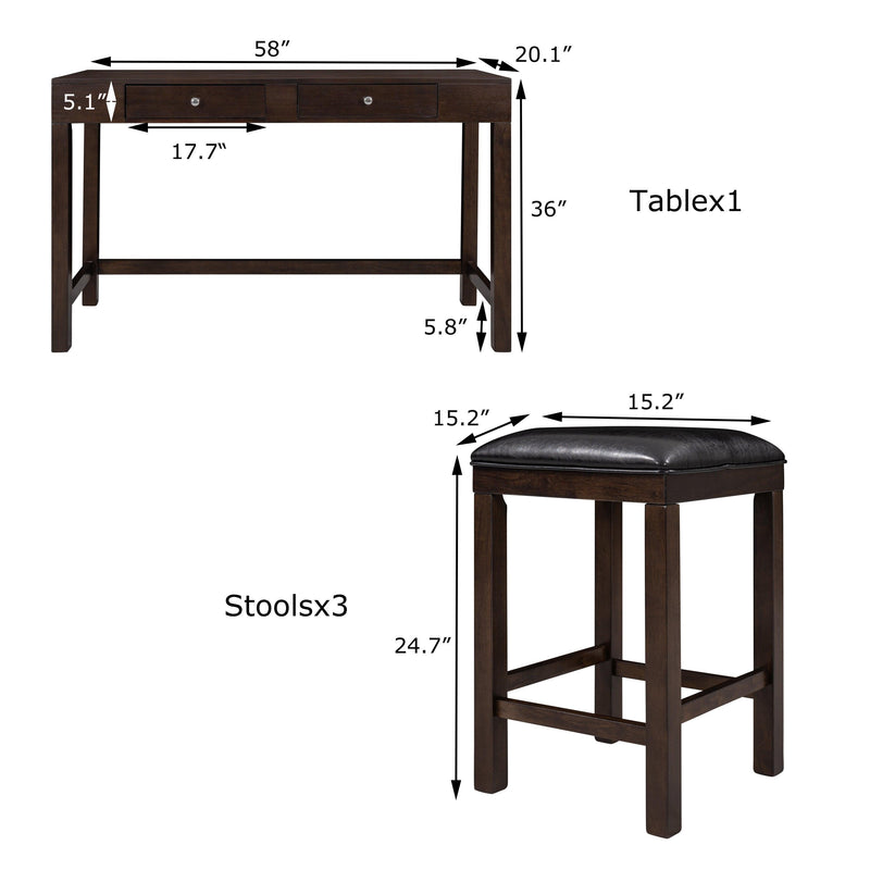 4-Piece Counter Height Table Set with Socket and Leather Padded Stools, Espresso