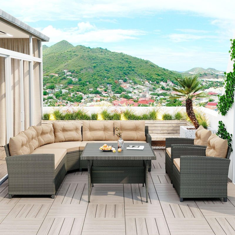 6-Piece Outdoor Wicker Sofa Set, Patio Rattan Dinning Set, Sectional Sofa with Thick Cushions and Pillows, Plywood Table Top, For Garden, Yard, Deck. (Gray Wicker, Beige Cushion) - Urban Living Furniture (Los Angeles, CA)