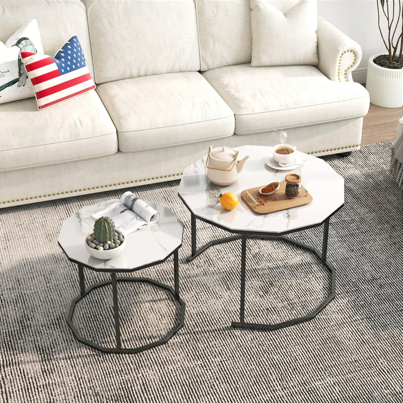 Marble Coffee Table End table 12-n Shape, 25.6 " White Artificial Marble Top and Black Metal Legs can be used in living room, outdoor, anti-tip.(white+black,25.6"W x 25.6"D x 18.4"H)