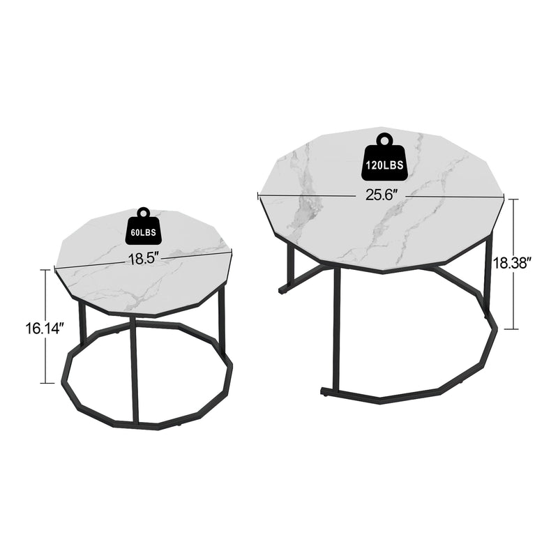 Marble Coffee Table End table 12-n Shape, 25.6 " White Artificial Marble Top and Black Metal Legs can be used in living room, outdoor, anti-tip.(white+black,25.6"W x 25.6"D x 18.4"H)