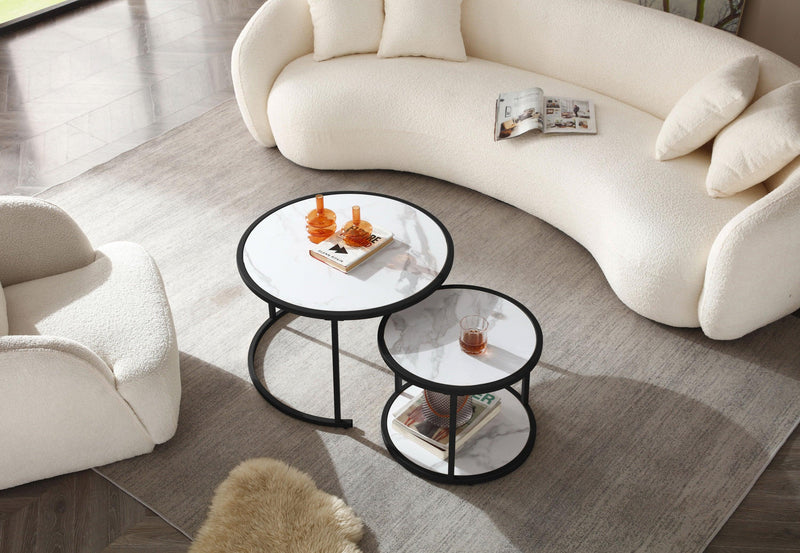 27.16inch Marble Pattern MDF Top with Black Metal Frame nesting coffee table set of 2