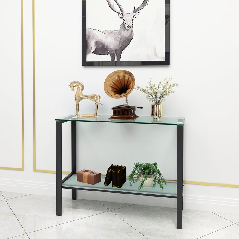 Console Table Double layer tempered glass rectangular porch table black leg double layer glass tea table - Urban Living Furniture (Los Angeles, CA)