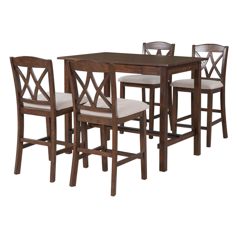 Casual Counter Height Wood 5-Piece Dining Table Set with 4 Upholstered Chairs and 1Storage Drawer, Walnut+Beige