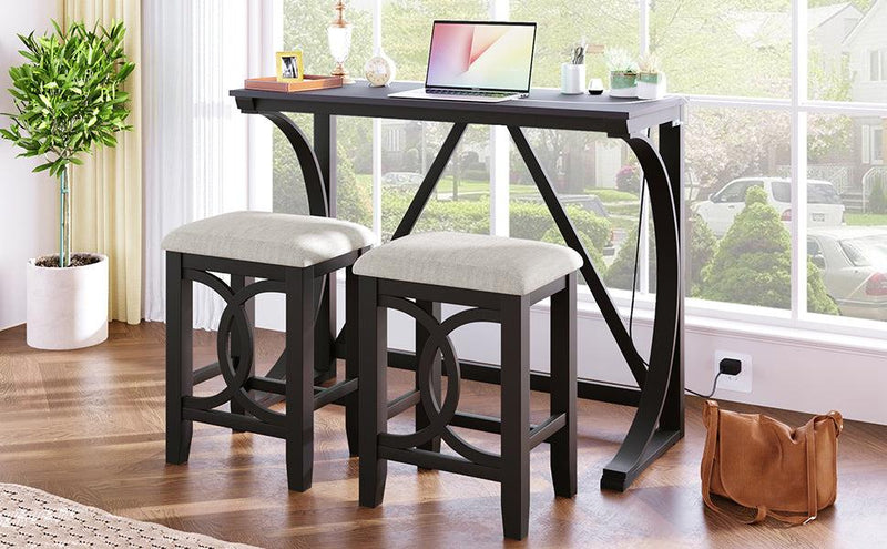 Farmhouse 3-Piece Counter Height Dining Table Set with USB Port and Upholstered Stools,Espresso