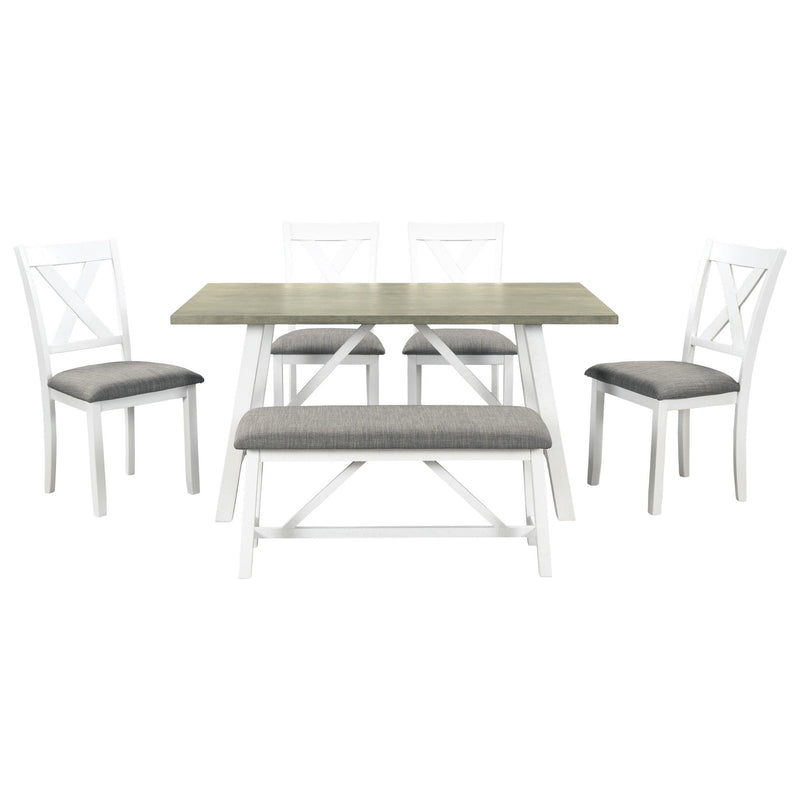 6 Piece Dining Table Set Wood Dining Table and chair Kitchen Table Set with Table, Bench and 4 Chairs, Rustic Style,White+Gray - Urban Living Furniture (Los Angeles, CA)