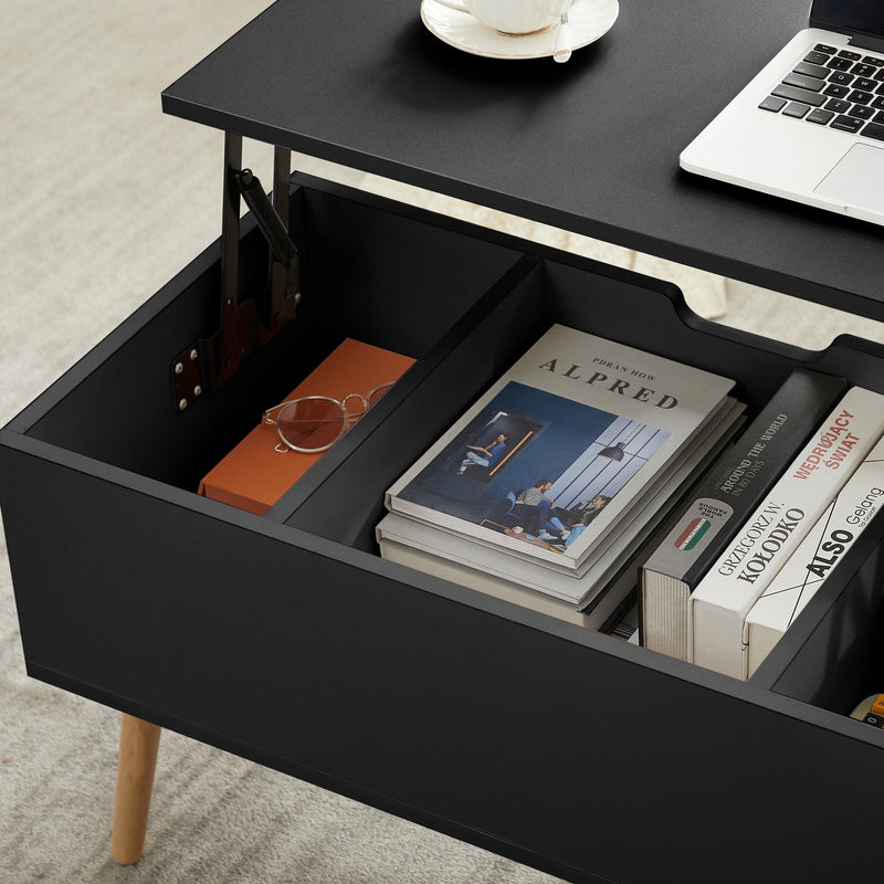 Coffee table, computer table, black, solid wood leg rest, largeStorage space, can be raised and lowered desktop
