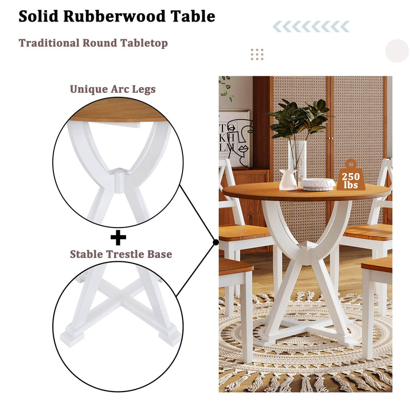 Mid-Century 5-Piece Round Dining Table Set with Trestle Legs and 4 Cross Back Dining Chairs, Antique Oak+White - Urban Living Furniture (Los Angeles, CA)