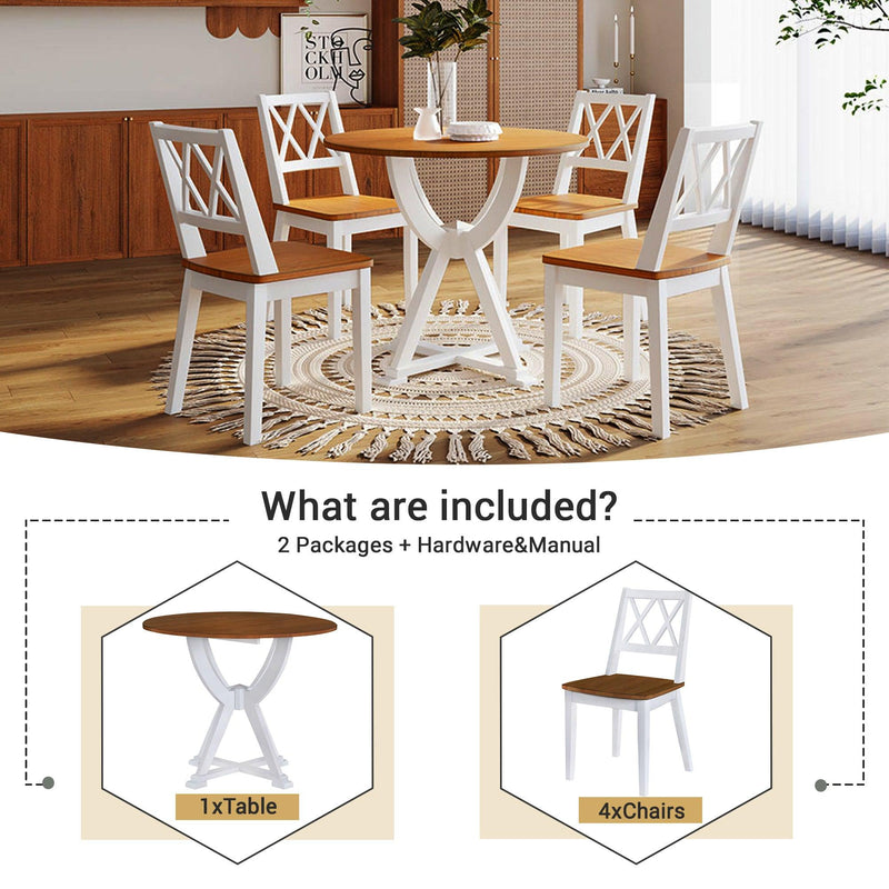 Mid-Century 5-Piece Round Dining Table Set with Trestle Legs and 4 Cross Back Dining Chairs, Antique Oak+White - Urban Living Furniture (Los Angeles, CA)