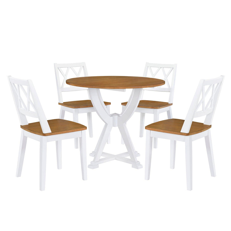 Mid-Century 5-Piece Round Dining Table Set with Trestle Legs and 4 Cross Back Dining Chairs, Antique Oak+White