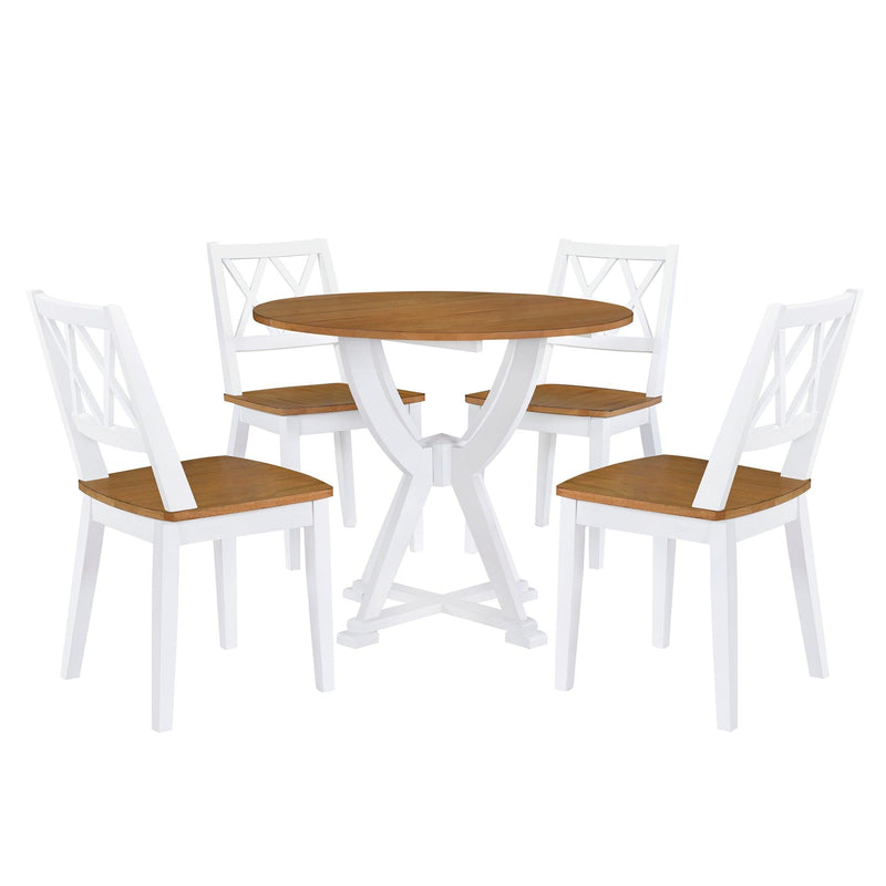 Mid-Century 5-Piece Round Dining Table Set with Trestle Legs and 4 Cross Back Dining Chairs, Antique Oak+White - Urban Living Furniture (Los Angeles, CA)