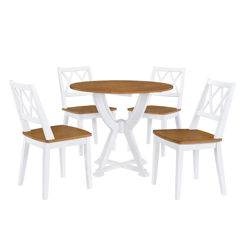 Mid-Century 5-Piece Round Dining Table Set with Trestle Legs and 4 Cross Back Dining Chairs, Antique Oak+White - Urban Living Furniture (Los Angeles, CA)