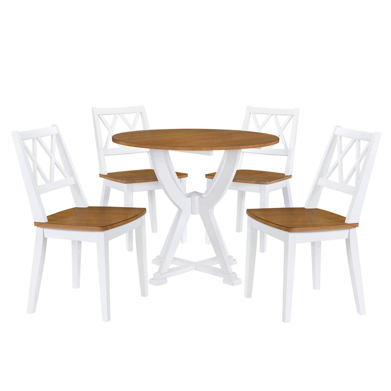 Mid-Century 5-Piece Round Dining Table Set with Trestle Legs and 4 Cross Back Dining Chairs, Antique Oak+White - Urban Living Furniture (Los Angeles, CA)