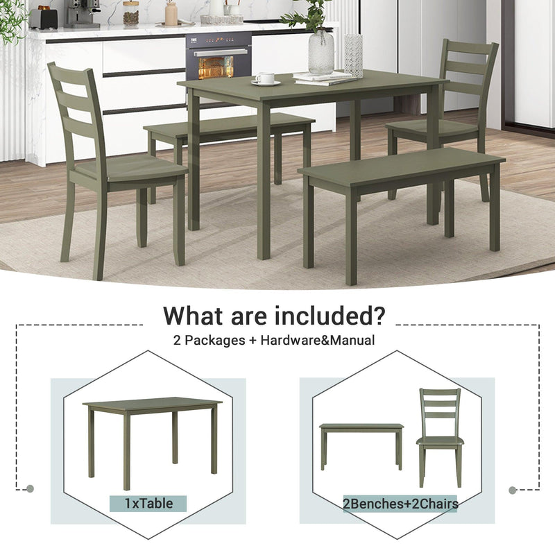 5-piece Wooden Dining Set, Kitchen Table with 2 Dining Chairs and 2 Benches, Farmhouse Rustic Style, Green - Urban Living Furniture (Los Angeles, CA)