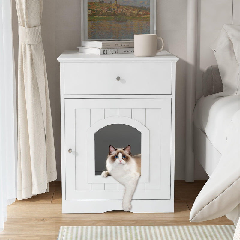 Wooden Pet House Cat Litter Box Enclosure with Drawer, Side Table, Indoor Pet Crate, Cat Home Nightstand (White) - Urban Living Furniture (Los Angeles, CA)