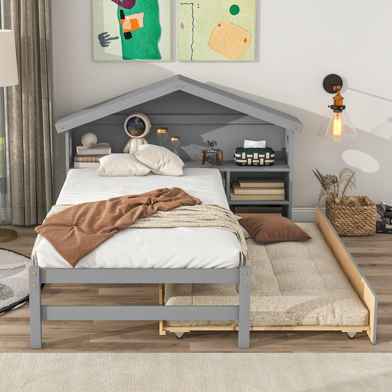 TwinStorage House Bed for kids with Bedside Table, Trundle, Grey - Urban Living Furniture (Los Angeles, CA)