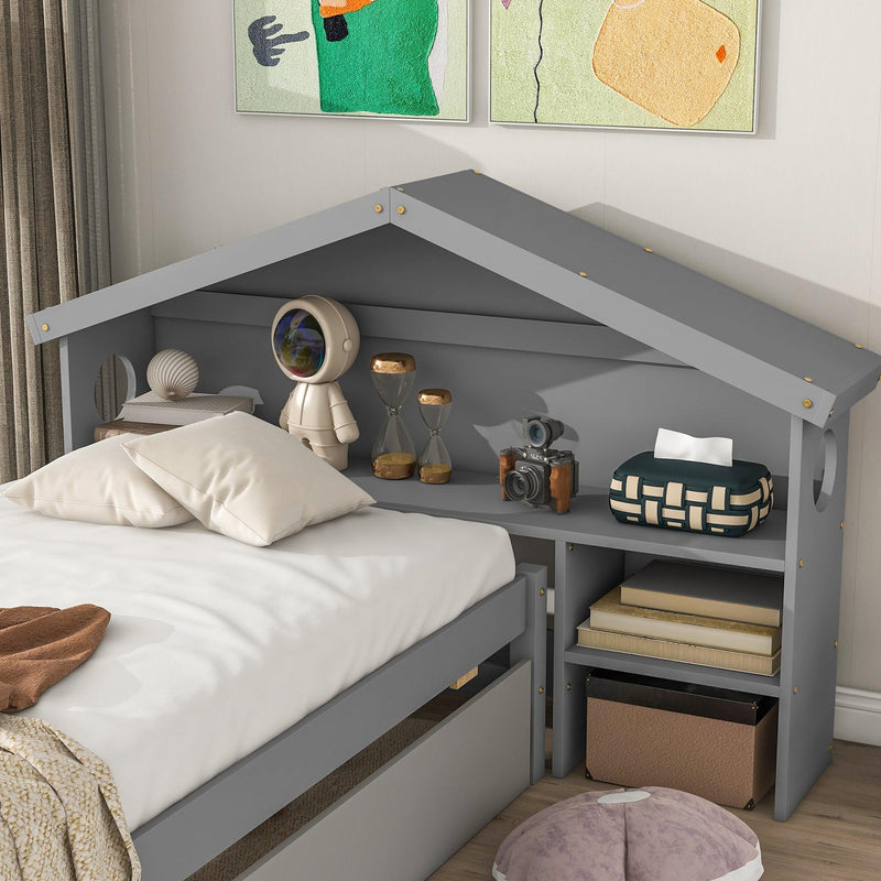 TwinStorage House Bed for kids with Bedside Table, Trundle, Grey