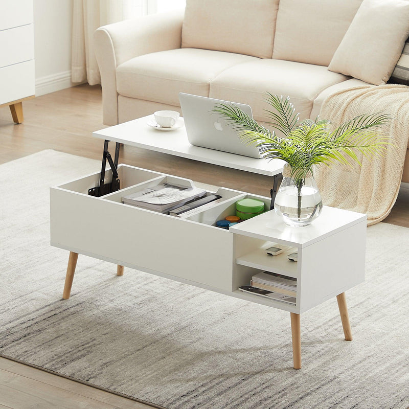 Coffee table, computer table, white, solid wood leg rest, largeStorage space, can be raised and lowered desktop
