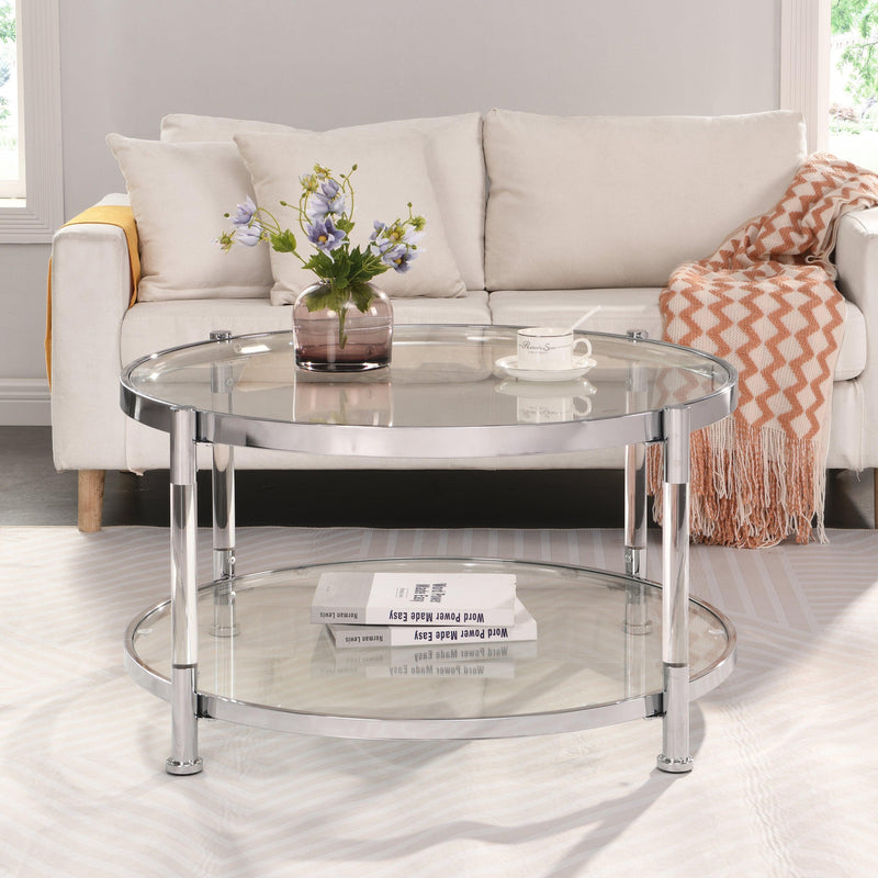 Contemporary Acrylic Coffee Table, 32.3'' Round Tempered Glass Coffee Table, Chrome/Silver  Coffee Table for Living Room