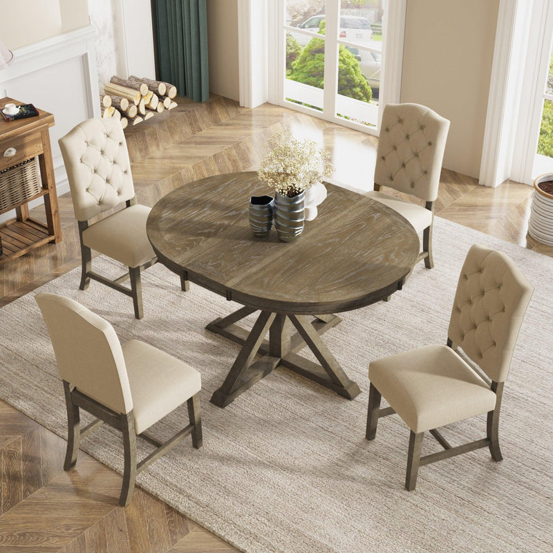 Functional Furniture Retro Style Dining Table Set with Extendable Table and 4 Upholstered Chairs for Dining Room and Living Room(Natural Wood Wash) - Urban Living Furniture (Los Angeles, CA)