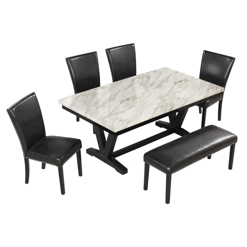 6-piece Dining Table Set with 1 Faux Marble Top Table,4 Upholstered Seats and 1 Bench,Table: 72in.Lx42in.Wx30in.H, Chair: 19.75in.Lx21.25in.Wx38.25in.H, Bench:46in.Lx16in.Wx20in.H. - Urban Living Furniture (Los Angeles, CA)