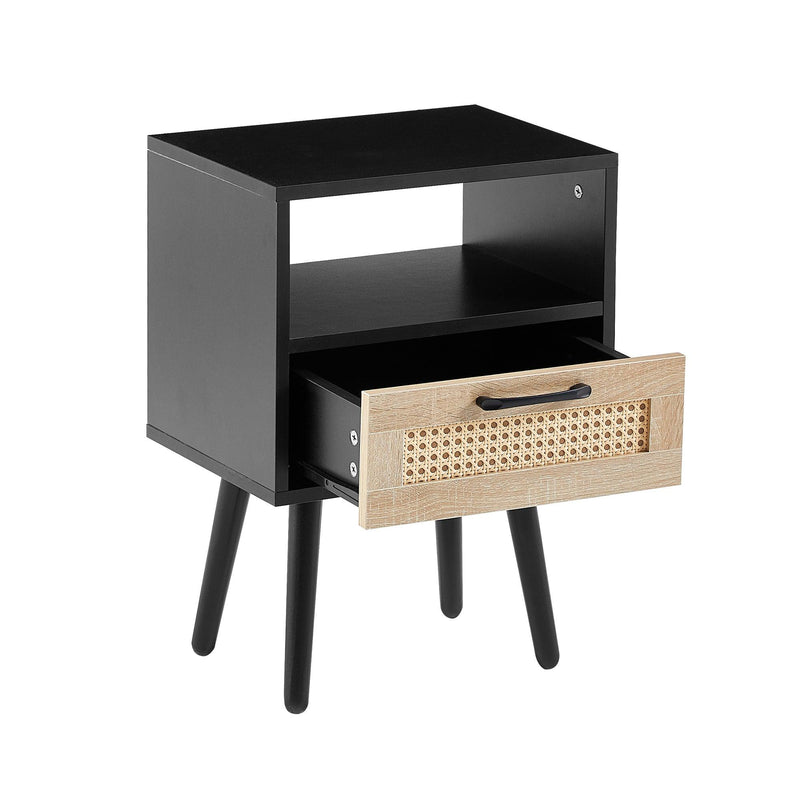 15.75" Rattan End table with  drawer and solid wood legs,Modern nightstand, side table for living roon, bedroom, black