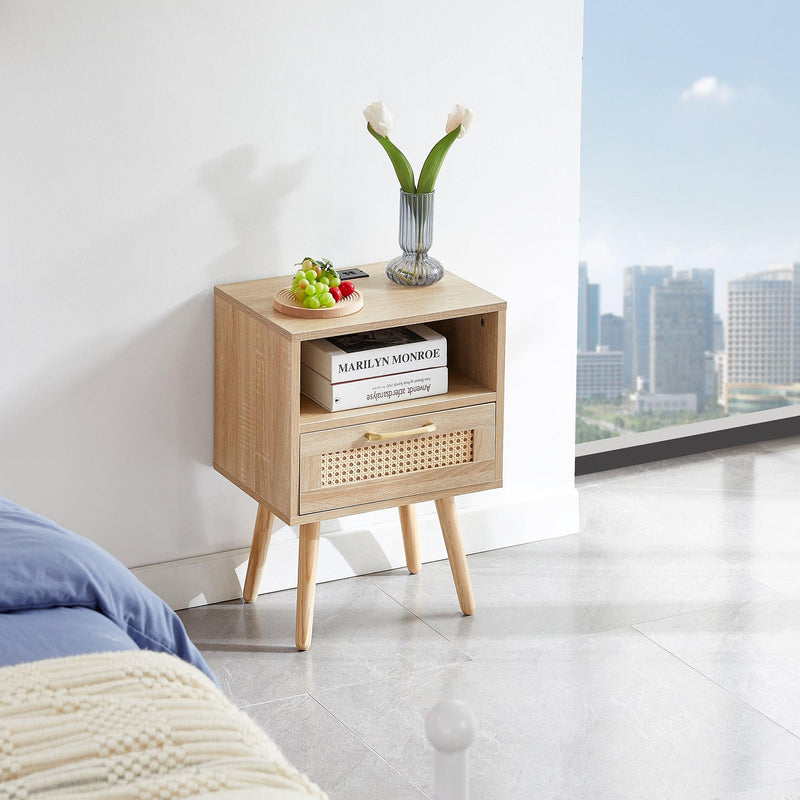 15.75" Rattan End table with Power Outlet  & USB Ports ,Modern nightstand with drawer and solid wood legs, side table for living roon, bedroom,natural - Urban Living Furniture (Los Angeles, CA)