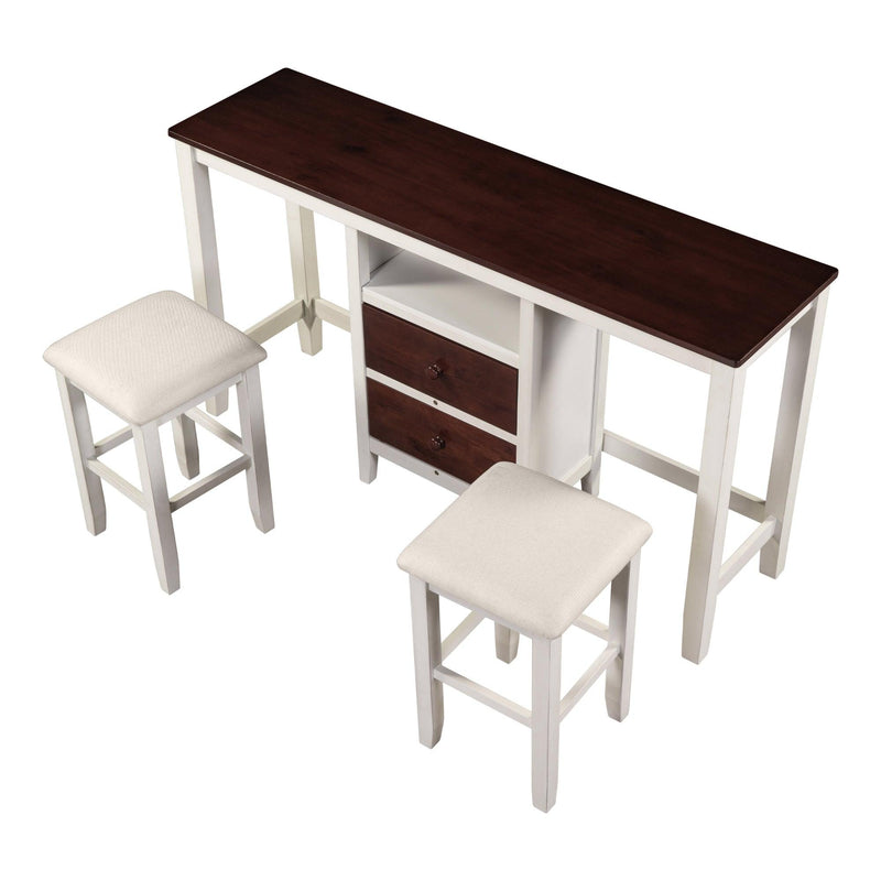 Farmhouse Rustic 3-piece Counter Height Wood Dining Table Set with 2Storage Drawers and 2 Stools for Small Places, White and Brown - Urban Living Furniture (Los Angeles, CA)