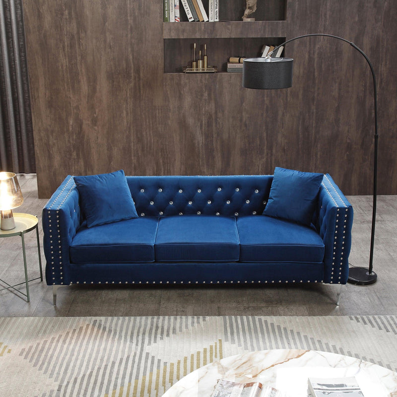 82.3" WidthModern Velvet Sofa Jeweled Buttons Tufted Square Arm Couch Blue,2 Pillows Included