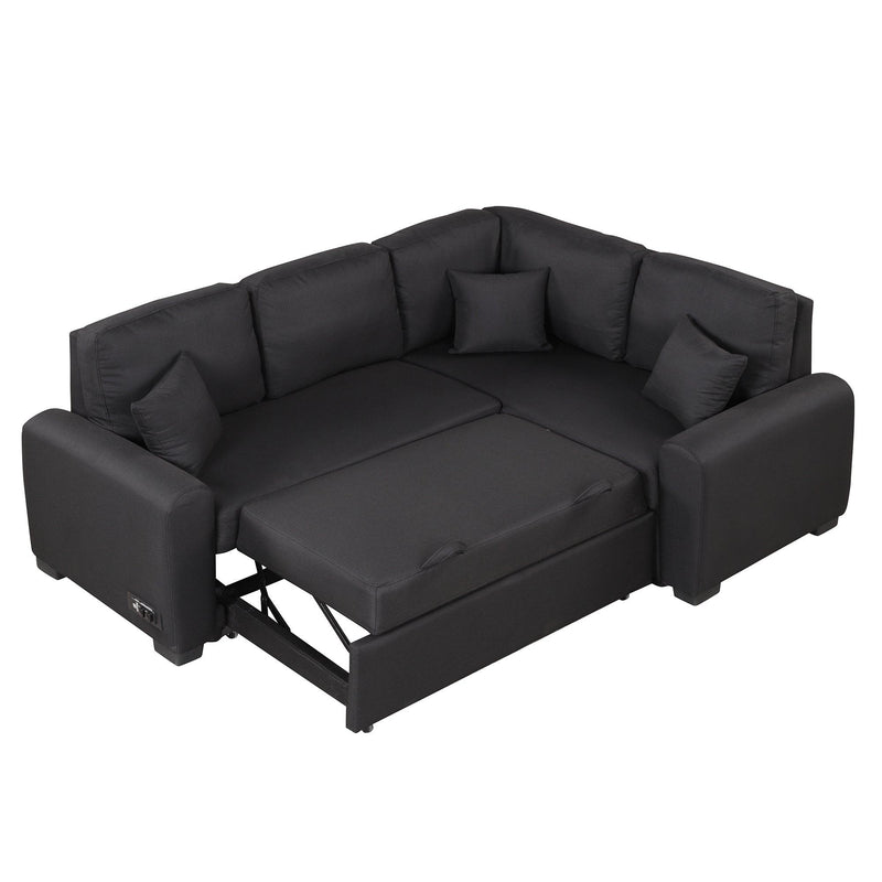 76.7"Sectional Sleeper Sofa with USB Charging Port and Plug Outlet,Pull-Out Sofa Bed with 3 Pillows, L-Shape Chaise for Living Room Small Apartment,Black - Urban Living Furniture (Los Angeles, CA)