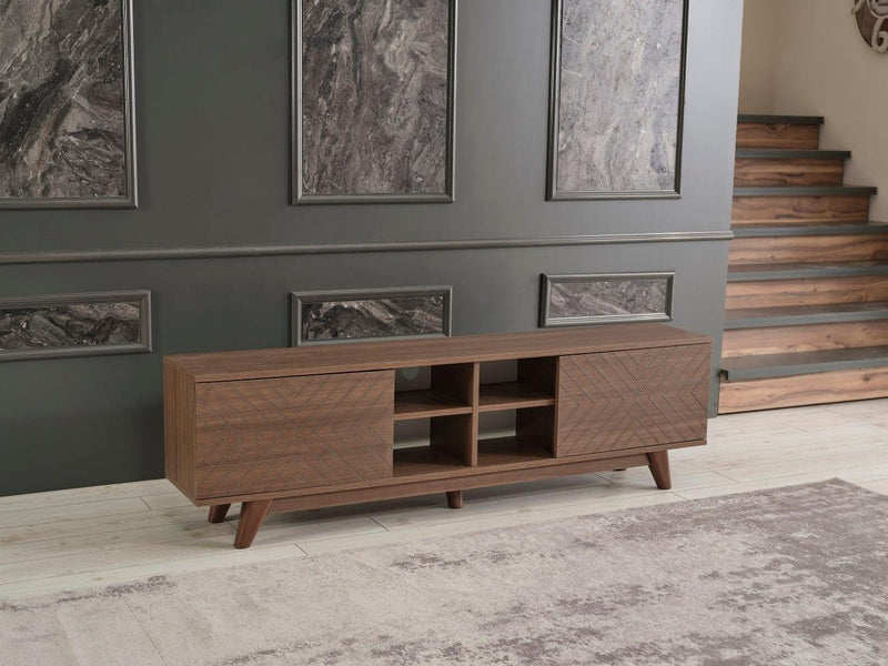 Lina Mid CenturyModern Tv Stand 2 Door Cabinet 4 Cubby Hole Shelves 67 inch Tv Unit, Walnut - Urban Living Furniture (Los Angeles, CA)