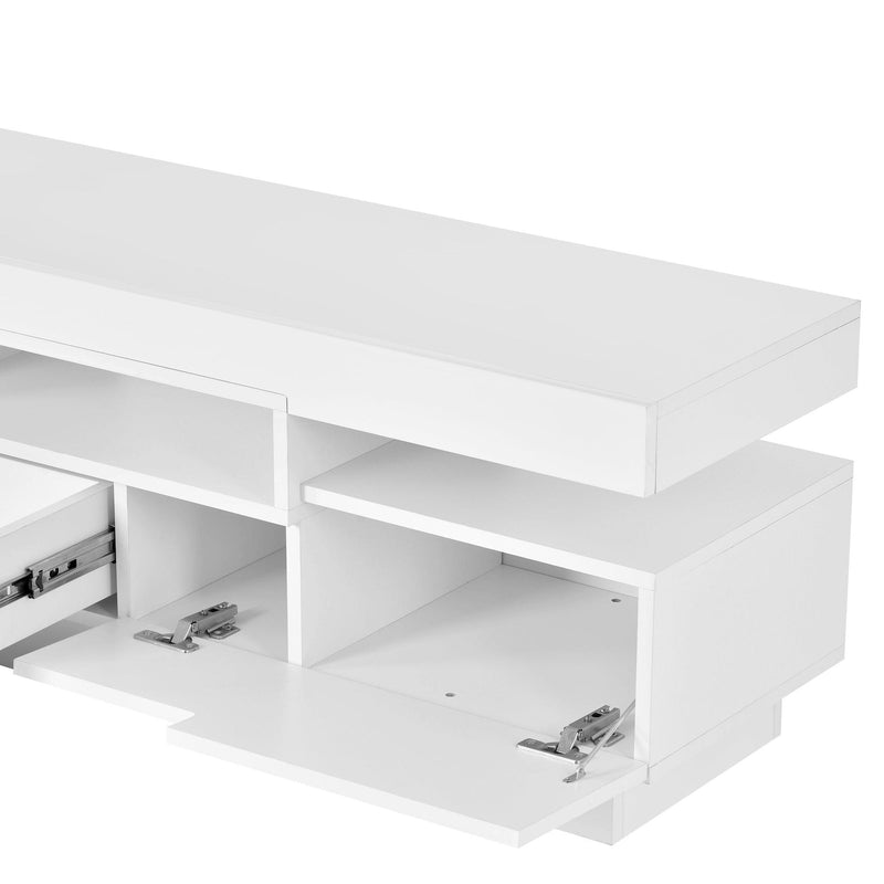 TV Stand with 4 Open Shelves,Modern High Gloss Entertainment Center for 75 Inch TV, Universal TVStorage Cabinet with 16-color RGB LED Color Changing Lights, White